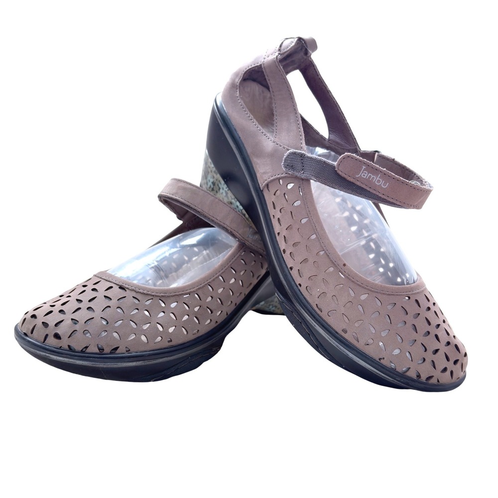 Jambu Womens 9.5M Taupe Laser Cut Mary Jane Wedge Comfort Shoes